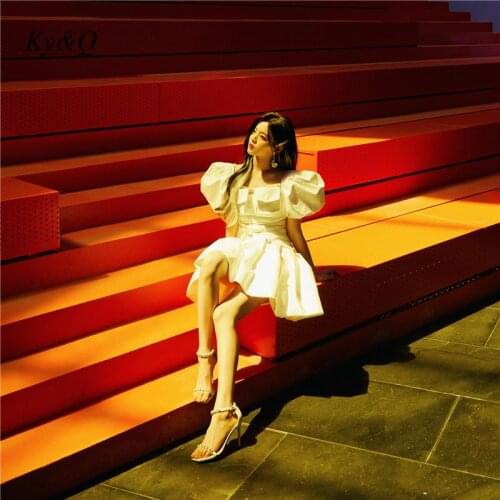 Runway Luxury Chic White Irregular Dress Women Brand Fashion Vintage Big Bubble Sleeve Diamonds Princess Tea Break Dresses