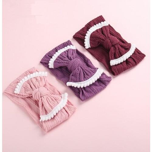 30pcs/lot Solid Color Wide Nylon Headband Girls Cable Knit Pompom Trim Turban Headband Children Kids Girls Hair Accessories