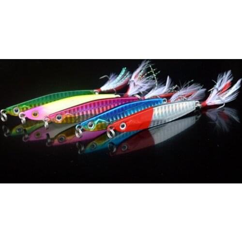 5PCS Deep sea Jigging Fishing Ocean Boat Rock Beach Slow Jig Jigbait Spoon Lure baits Feather Hook 28g