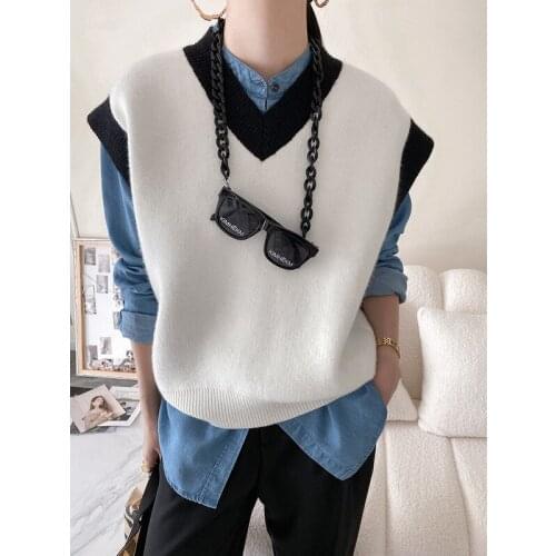Black and White Contrast Color Knitted Vest 2021 Autumn New Simple Loose Sleeveless V-neck Vest