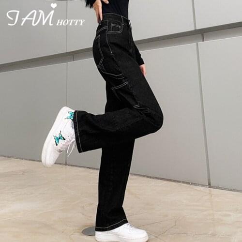 Boyfriend Belt Patched Wide Leg Womens Straight Jeans Striped High Waist Baggy Jogger Mom Denim Streetwear Black Pants Iamhotty