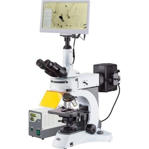 AmScope 40X-1000X Upright Fluorescence Microscope with Rotating Multi-filter Turret + HDMI Camera + Screen FM820T-HD18-HDM