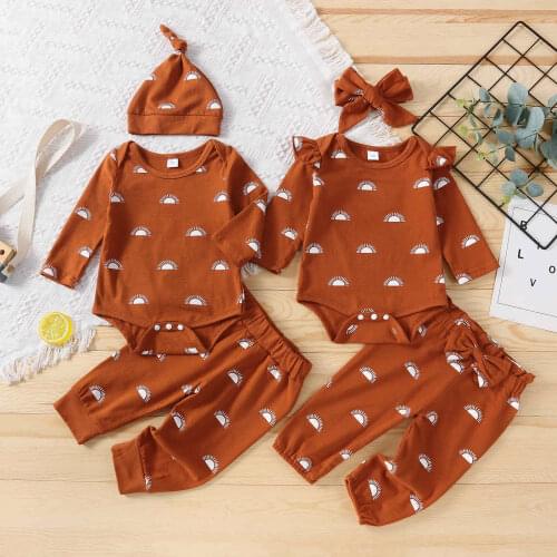 3Pcs Newborn Baby Girls Boys Sun Print Outfits Suit Cute Autumn Toddler Long Sleeve Playsuit+Trousers+Knotted Cap Clothing Set