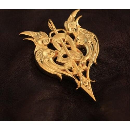 LINSION Gold Plated Brass Detail Double Crow Pendant Mens Biker Punk Jewelry GP144 JP