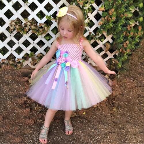 Girls Pastel Unicorn Tutu Dress Kids Crochet Flower Dress Ball Gown with Hairbow Children Birthday Party Costume Cosplay Dresses