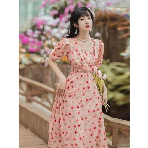 French Tea Break Rose Floral Retro Square Neck Dress Summer Puff Sleeve Fashion Elegant Party Fairy Dress Vestidos de fiesta