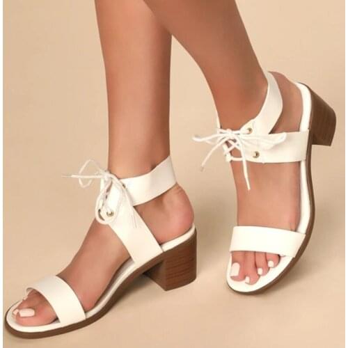 Women Lace-up Sandals Ladies Open Toe PU Leather Shoes Female Fashion Square Heels Sandal Woman Comfort Footwear Summer 2021