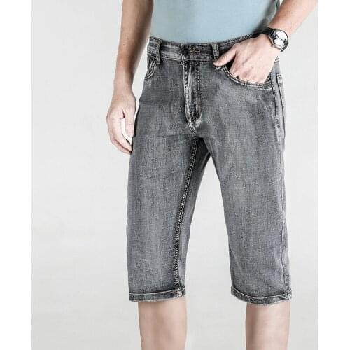 Mens Denim Shorts Summer Grey Short Trousers Micro Stretch Breeches Vintage Bermuda Male Jeans Length 3/4 Pants Long Shorts Men