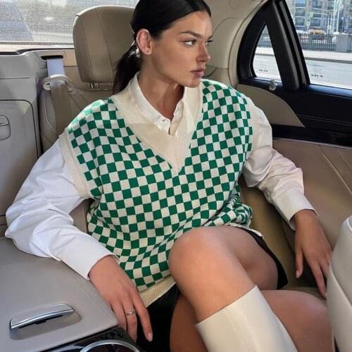 Y2K Knit Green Plaid Sweater Vest for Women Casual V-neck Loose Sleeveless Pullovers Sweater 2021 Fall Winter Vintage Sweater