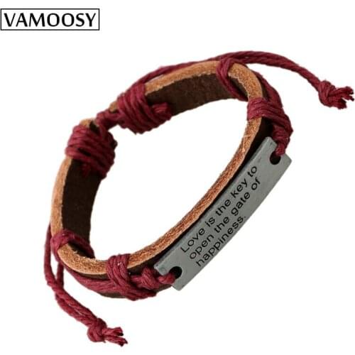 VAMOOSY 2018 Fashion Bracelets Wrap Rope Alloy Letters Charm Cow Leather Bracelet for Man Women Handmade Brown Wristband Gift