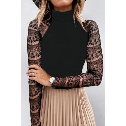 Women Sexy Black High Collar Neck Lace Crochet Long Sleeve Top Full Long Sleeve Tops Patchwork Unique Lace Sleeves