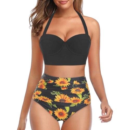 Women Floral Print High Waist swimsuit Tops+Shorts Two Piece Swimwear Halter Tankini Sexy sunflower print bikini split swimsuit