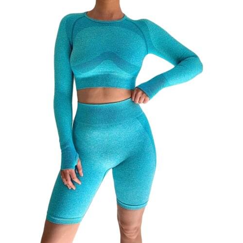 Women’s Sports Two Piece Suits Fashion Solid Long Sleeve Back Hollow Pullover Top High Waist Shorts Outfits
