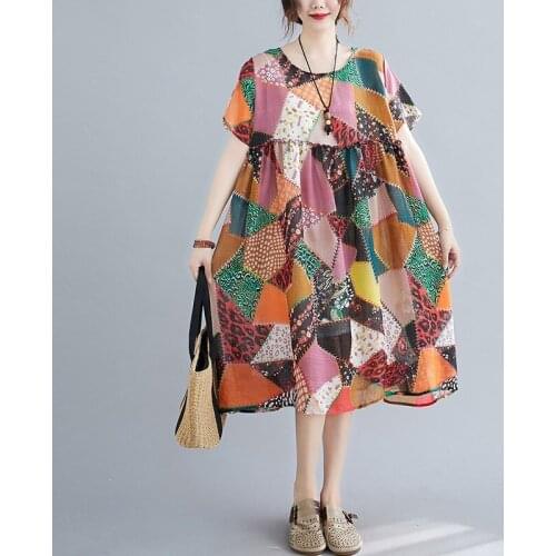 Women Summer Casual Dress New Arrival 2021 Vintage Style O-neck Geometric Print Loose Comfortable Female Long Dresses B271