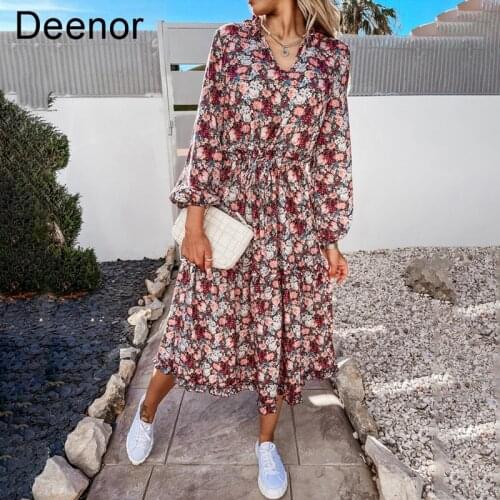 Deenor Summer Vintage Floral Print Maxi Dresses For Women Long Sleeve V-Neck Ruffles Ladies Spring Casual Beach Dress Vestidos
