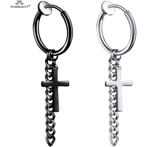 1 piece Tassel Cross Helix Piercing Tragus Piercing Fake Earrings Titanium Fake Piercing Clip Drop Earrings Women Men Jewelry