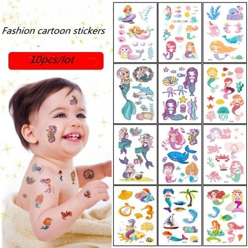 10pcs/set Fashion Cartoon Tattoo Stickers Unicorn Dinosaur Waterproof Sticker For kids Princess Car children DIY Graffiti toys