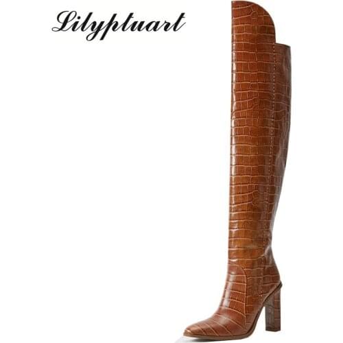 Brand fashion pointed toe snake print microfiber knee high boots sexy high heels shoes woman ladies autumn winter snow boots red