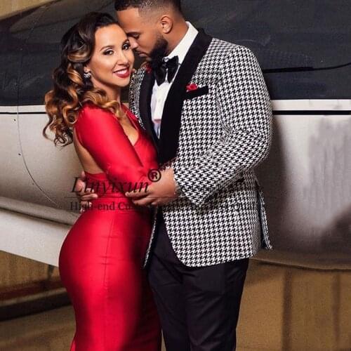 Houndstooth Prom Suits for Men Wedding 2 Piece Groom Tuxedo Slim Fit African Male Blazer with Black Pants Fashion Costume
