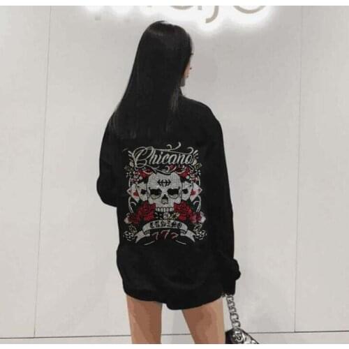 Flower and skull cool tops Diamond stone top quality loose short sleeve Sweatshirt sexy Hot drill Hoodies