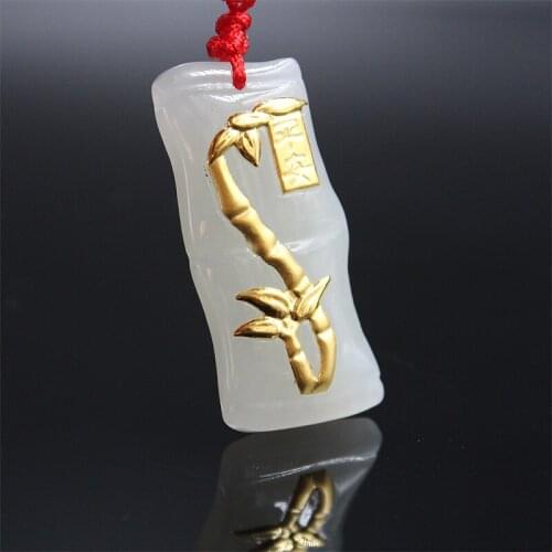 Natural Hetian White Jade Inlay 24K Gold Pendant Bamboo Newspaper Safety Lucky Necklace Pendant Men and women Jade Jewelry Gifts