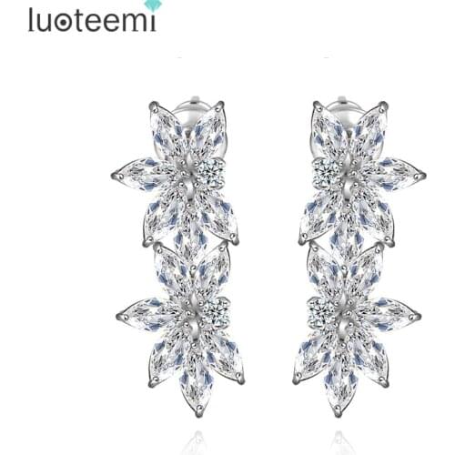 LUOTEEMI Fashion Flower Cubic Zirconia Stud Earrings for Women Flower Wedding Earrings White Gold-Color Wholesale Jewlery