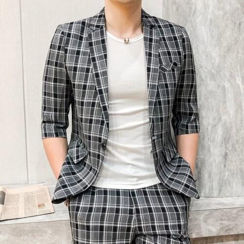 Mens Jalf Sleeve Blazer Suit Two Piece Set Jacket Pants Fashion British Style Slim Fit Plaid Business Dress Coat Trousers