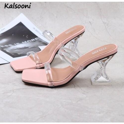 Kalsooni 2021 New Summer Transparent thin strap sexy sandals crystal thick high-heeled open-toed womens sandals plus size