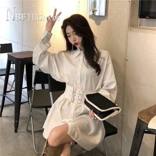 Solid Color Lapel Long Sleeve Women Dress Metal Buckle Slim Female Dresses
