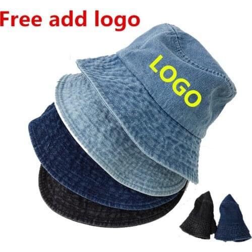 Custom logo Cotton Bucket Hat Washed Denim Bucket Hats Bob Caps Hip Hop Gorros Men Women Foldable Fisherman Hat Print logo