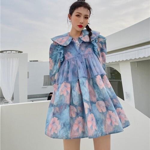 Oil Painting Flower Peter Pan Collar A-Line Dress Female 2021 Spring And Autumn Loose Fashion Chic Mini Kawaii Dress Women