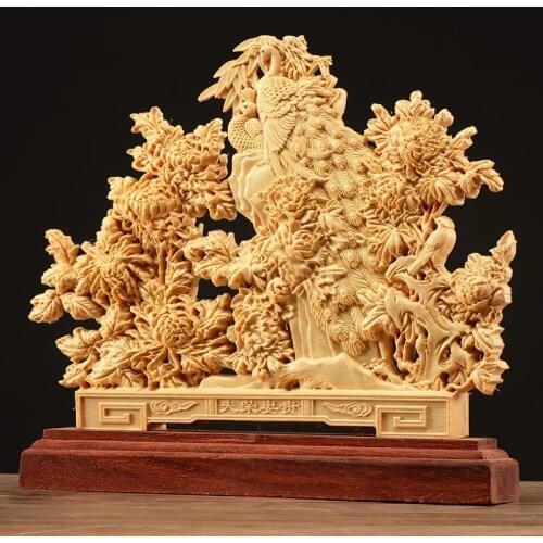 Escultura de peonía tallada en madera de doble cara para decoración del hogar, figuritas de madera talladas, artes y artesanías