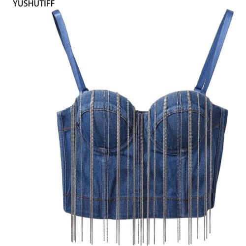 New Autumn Denim Metal Chain Tassel Push Up Cropped Sexy Corset Tops Female Performance To Wear Out Camis Crop Ropa Mujer DB1046