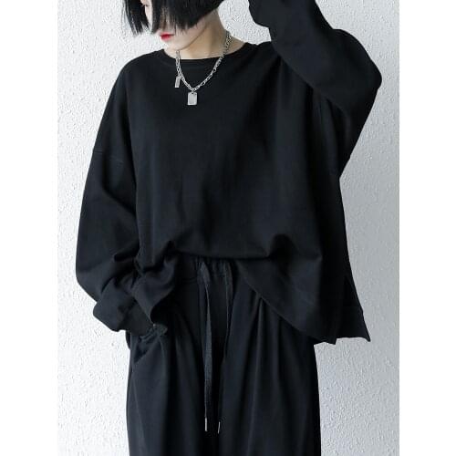 2021 autumn new simple Retro Black Street long sleeve round neck loose medium long sweater womens coat