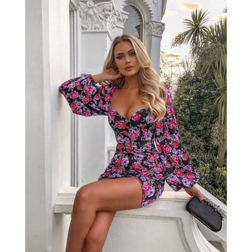 2020 Autumn New Hot Sale Printed Sexy Square Collar Dresses Womens Clothing Women’s Personality Lantern Sleeve Dress Fashion