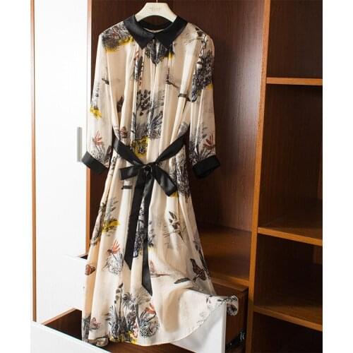 New large size slim silk dress womens 2021 spring and summer Lapel belt silk womens printed swing skirt