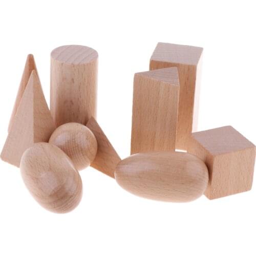 10pcs Wood Geometric Solid Blocks, 3D Shapes Learning Toy Gifts for Kids Toddlers 3 Year Old and Up