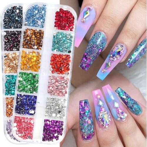 12 Grids 3mm 3D Nail Rhinestones Nail Art Decorations Yellow Blue Crystal Stones Gem FlatBack Strass Manicure Accessories GL1887