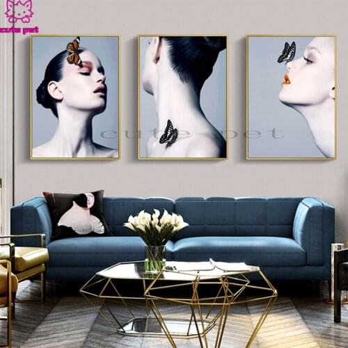 3PCS diy Diamond Painting Modern fashion woman with butterfly diamond Embroidery full round Mosaic Diamond cross stitch home de
