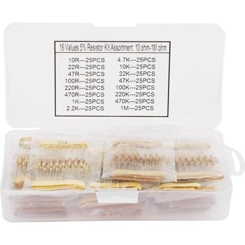 400pcs 16 Values 5% 10 - 1M Ohm 1/2 Watt Metal Film Resistors Assortment Kit Set
