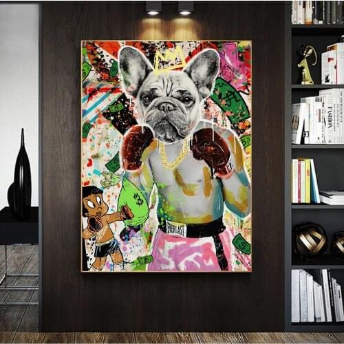 Abstract Graffiti Animal Boxing Money Canvas Painting Posters and Prints Wall Art Dog Head and Human Body for Living Room Decor