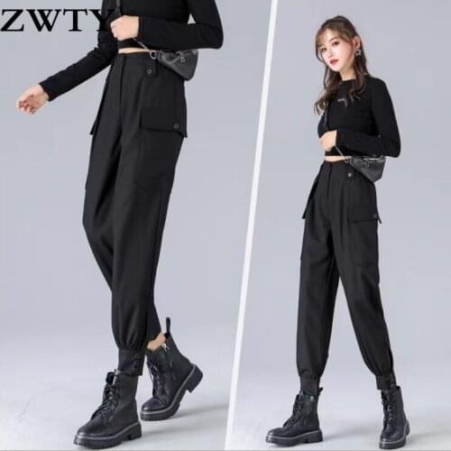 ZWTY Women Hip Hop Black Cargo Pants joggers Sweatpants Overalls Ribbons Streetwear Harem Pants Women Fashions Trousers