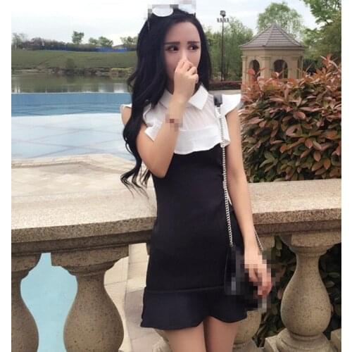 C2243 2020 summer new women fashion Black and white patchwork lapel slim package hip sexy short sleeveless dress cheap wholesale