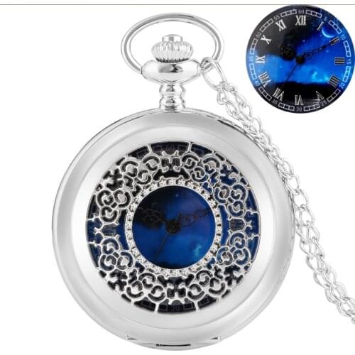 Black/Silver Starry Blue Dial Pendant Retro Hollow Case Quartz Pocket Watch Roman Numerals Watches Souvenir Gift for Men Women