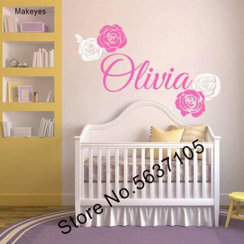Makeyes Flowers Custom Names Wall Stickers Girls Baby Bedroom Wall Decor Vinyl Personalized Names Gift Wall Murals Art Q430