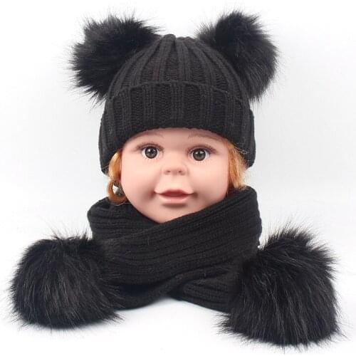 Kids knitted Scarf Hat Set Children Girls Winter Warm Fur Pom pom Beanie Hat Boys Soft Cap Scarves Kids Baby