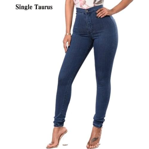 High Waist Elasticity Cotton Slim Skinny Jeans Women Fashion Push Up Washed Denim Deep Blue Pencil Pants Mujer Europe America