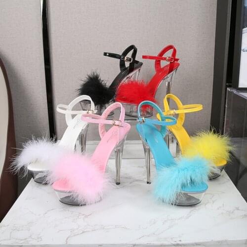 HOKSVZY 34-43 Through With Transparent Hair After Paint 13CM 15CM High Heel Clear Platfrom For Clubgirl With Fur Sandals LFD