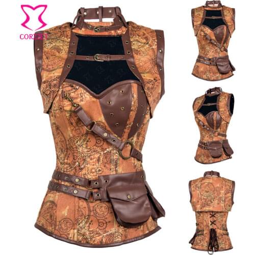 Brown Steel Boned Corsets And Bustiers Vintage Steampunk Clothing Gothic Corset Jacket Sexy Corpetes E Corselet Plus Size S-6XL
