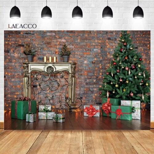 Laeacco Indoor Red Retro Brick Wall Christmas Tree Gift Photocall Background Baby Child Portrait Customized Photography Backdrop
